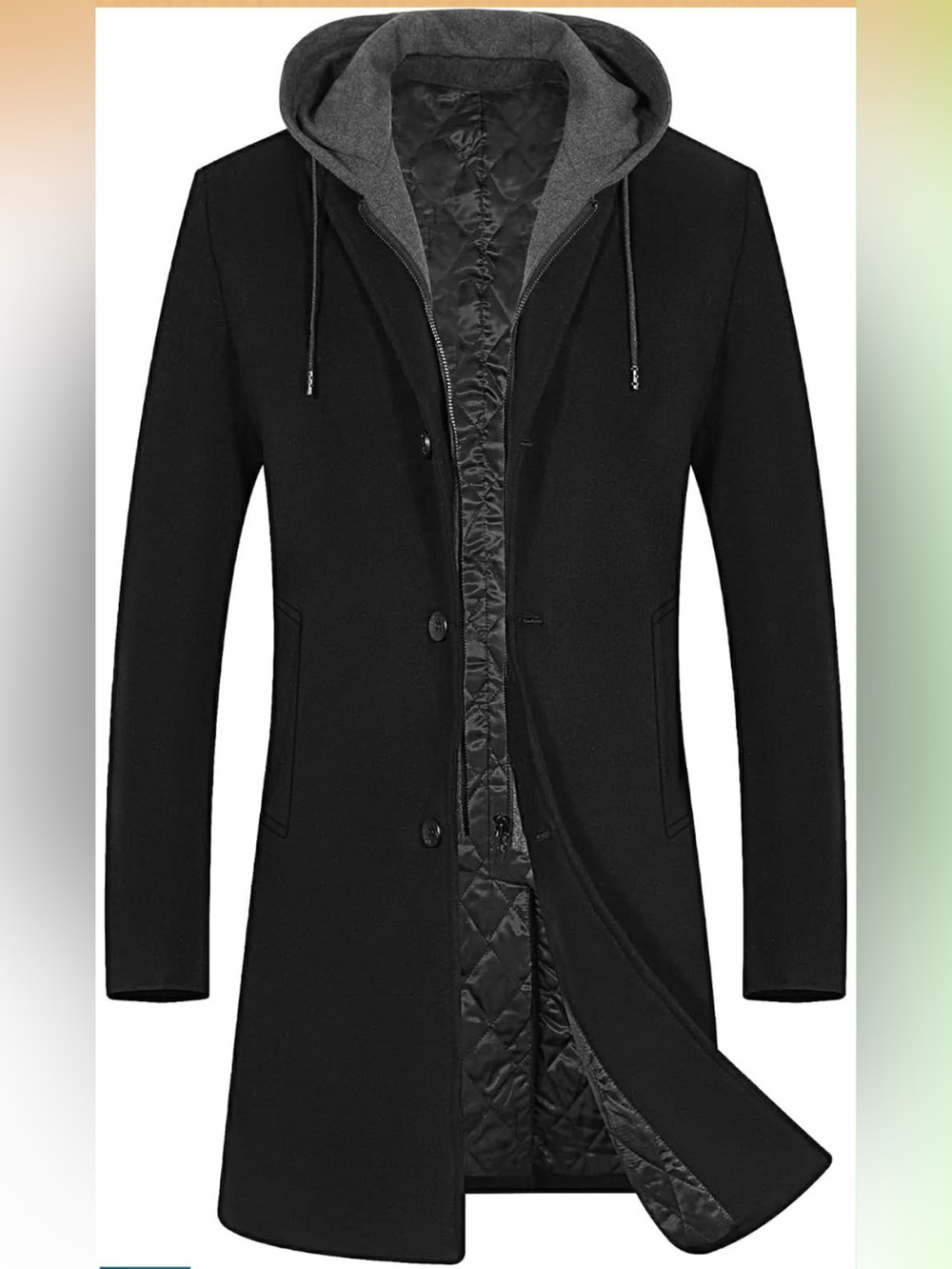 Men's Black Convertible Wool-Blend Trench Coat with removable hood XL NWT